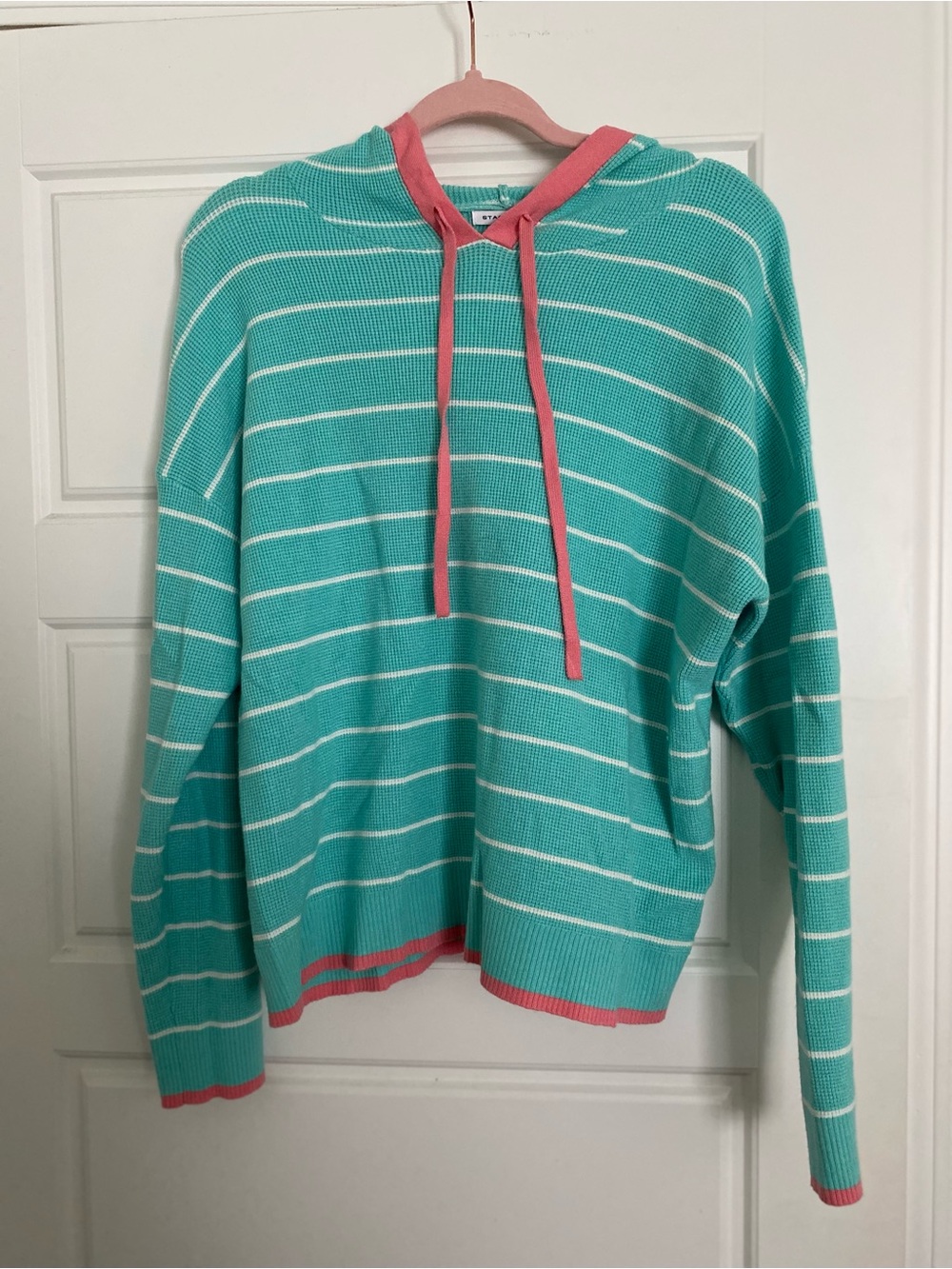 NWOT Staccato Teal Striped Hooded Knit Top with Pink Trim